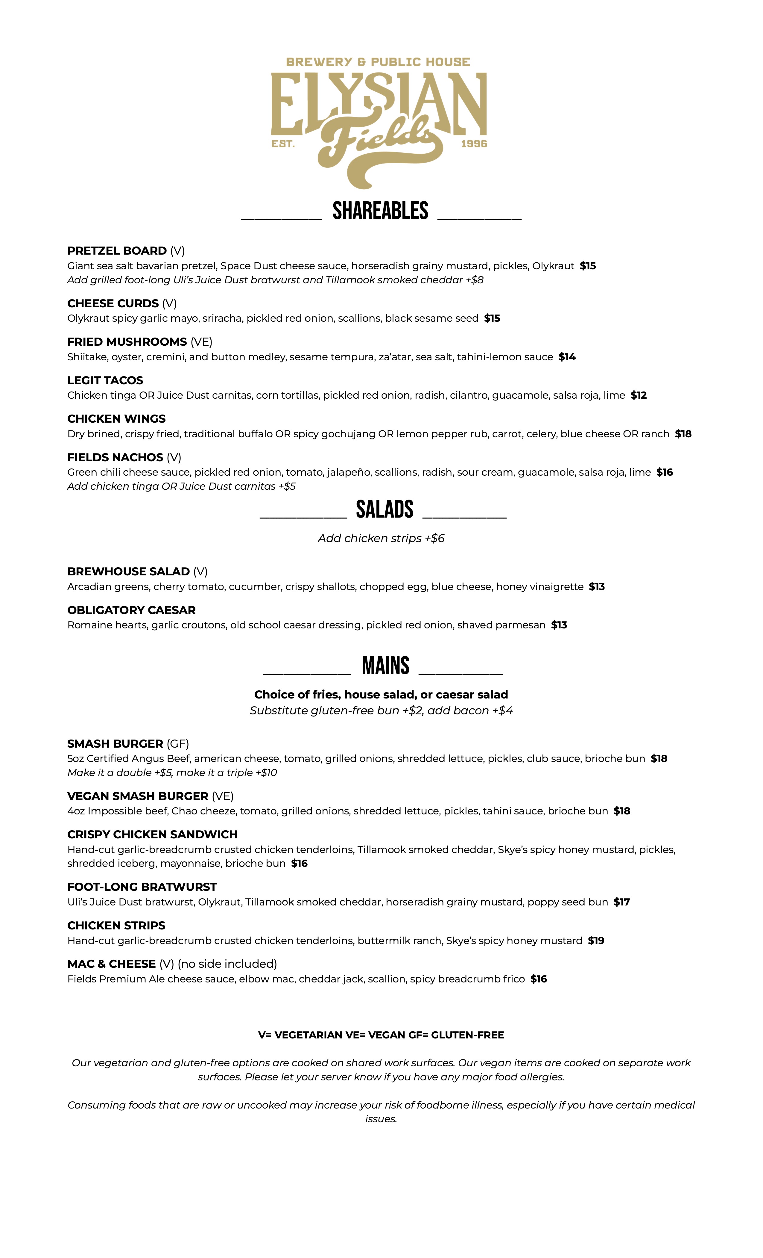 Elysian Fields Pub Food Menu 8.2025